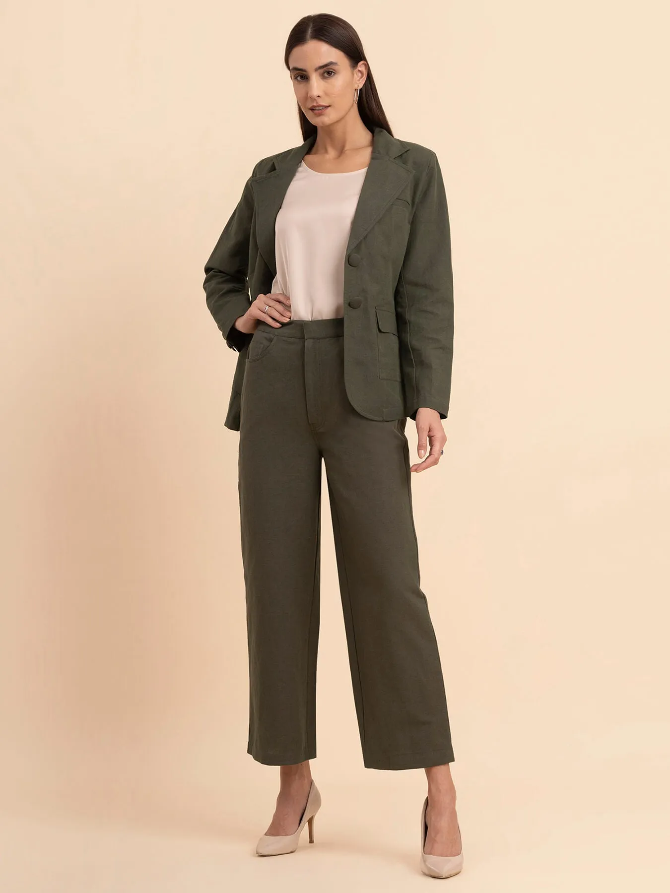 Linen Notch Lapel Collar Blazer - Olive Green