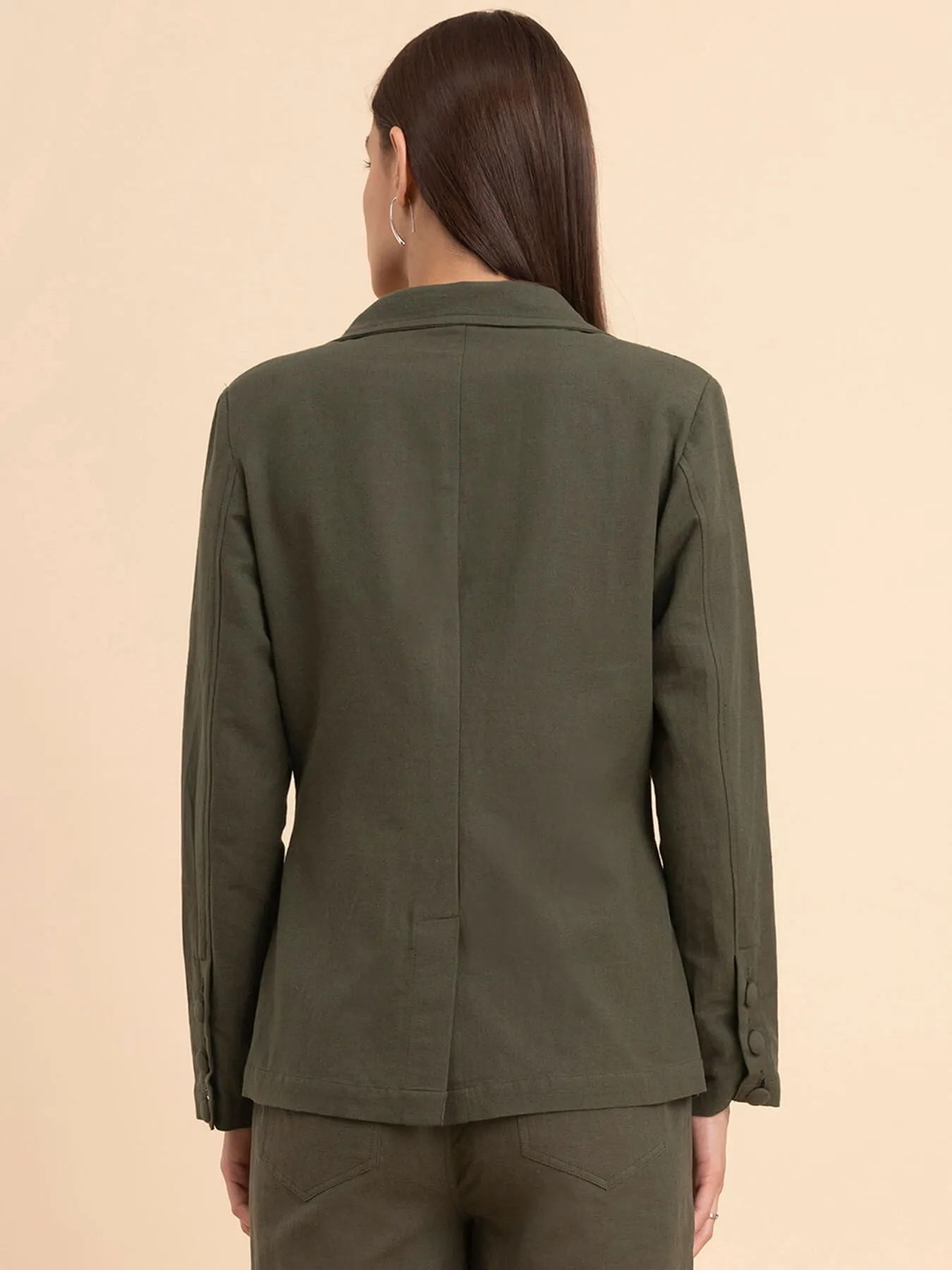 Linen Notch Lapel Collar Blazer - Olive Green