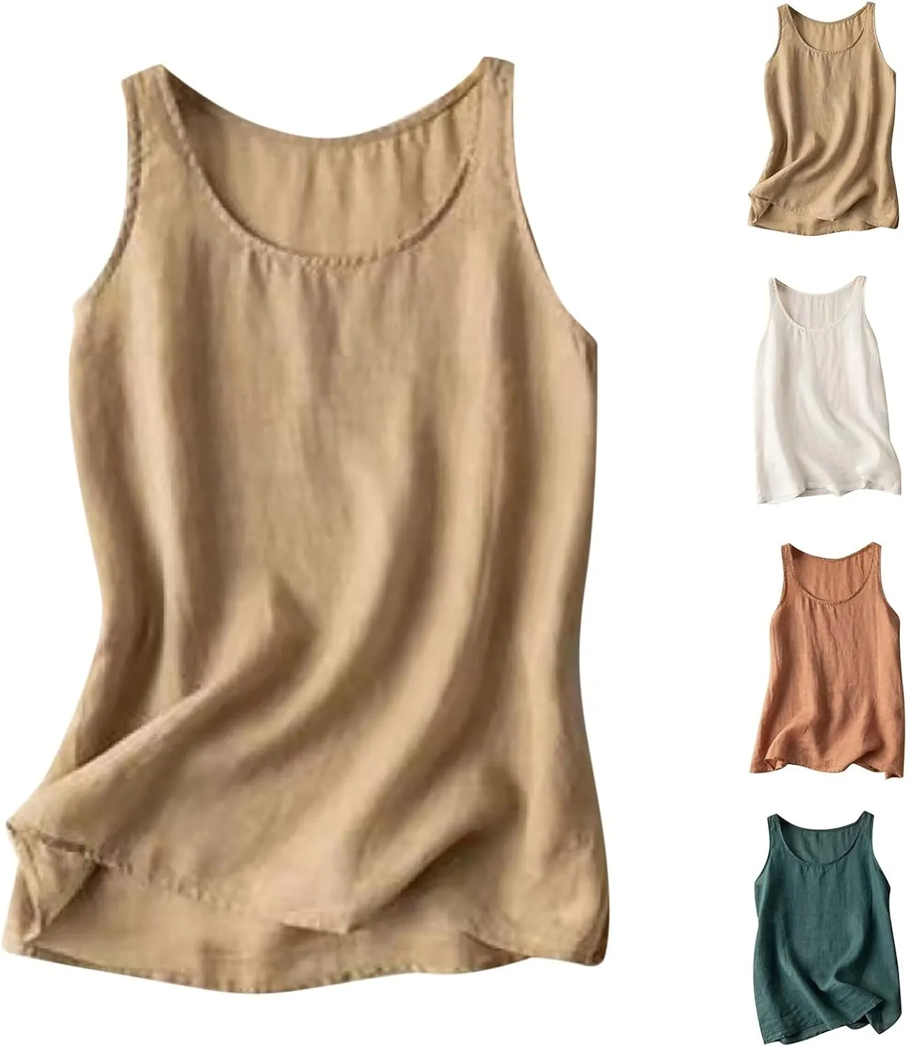 Linen Tank Tops for Women Sleeveless Summer Tee Shirts Loose Fit Crewneck Casual Flowy Vintage Blouses Tunic Tops