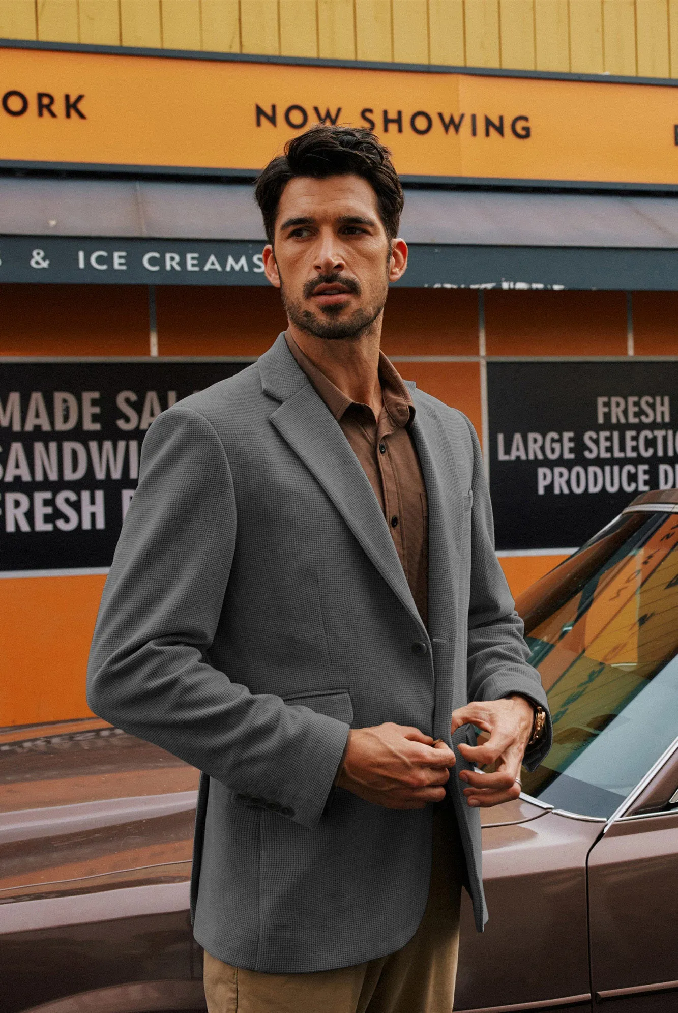 Men Waffle Textured Blazer Coat Vintage Notch Lapel Back Slit Suit Coat
