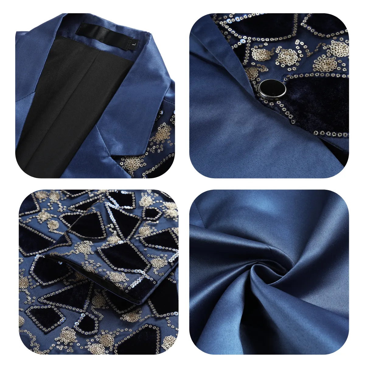 Men's Blue Floral Jacquard Half Sequin Tux Blazer
