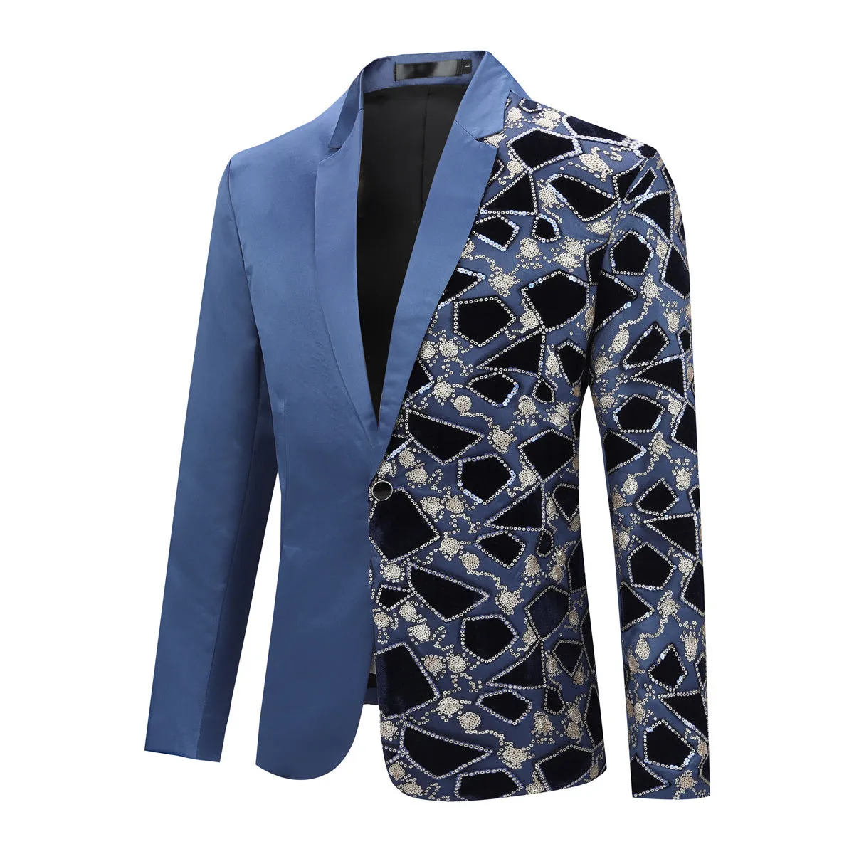 Men's Blue Floral Jacquard Half Sequin Tux Blazer