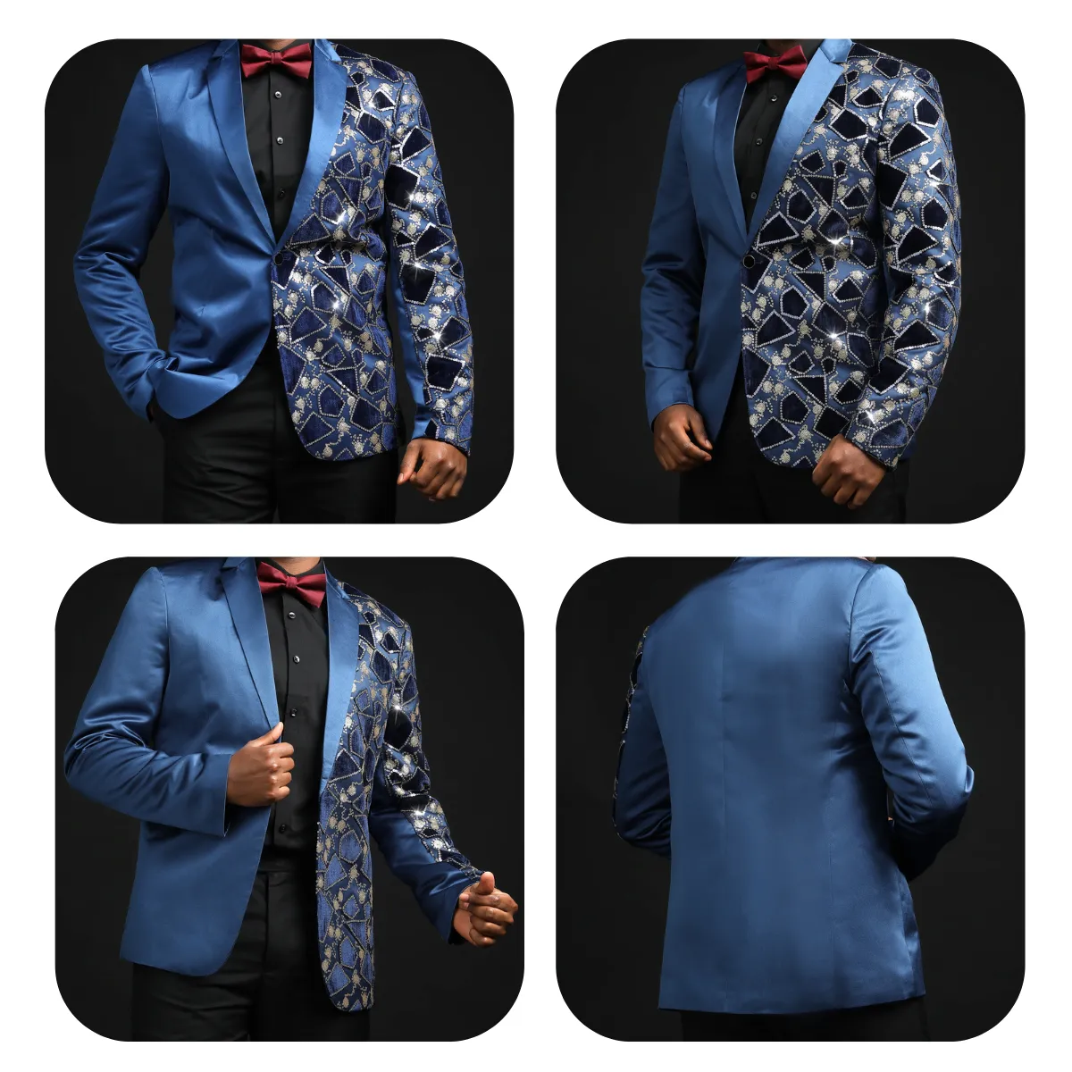 Men's Blue Floral Jacquard Half Sequin Tux Blazer