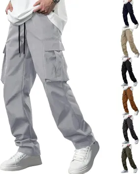 Mens Cargo Pants Work Loose Casual Leggings Solid Casual Streetwear Drawstring Elastic Waist Trousers Pockets