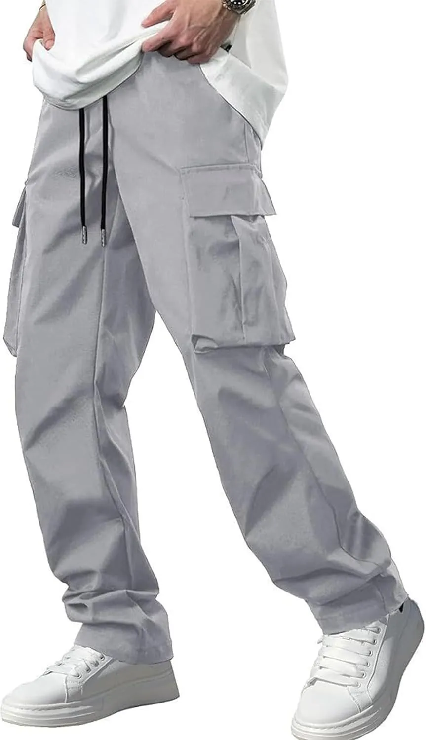 Mens Cargo Pants Work Loose Casual Leggings Solid Casual Streetwear Drawstring Elastic Waist Trousers Pockets