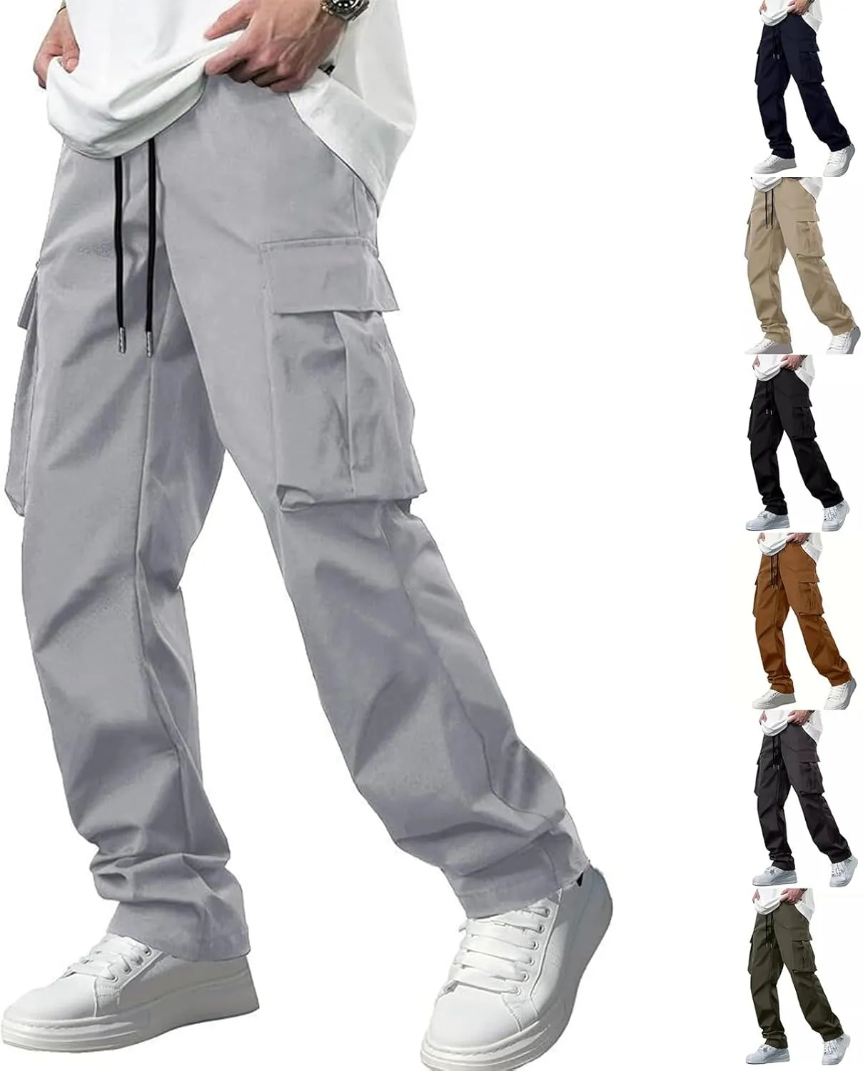 Mens Cargo Pants Work Loose Casual Leggings Solid Casual Streetwear Drawstring Elastic Waist Trousers Pockets
