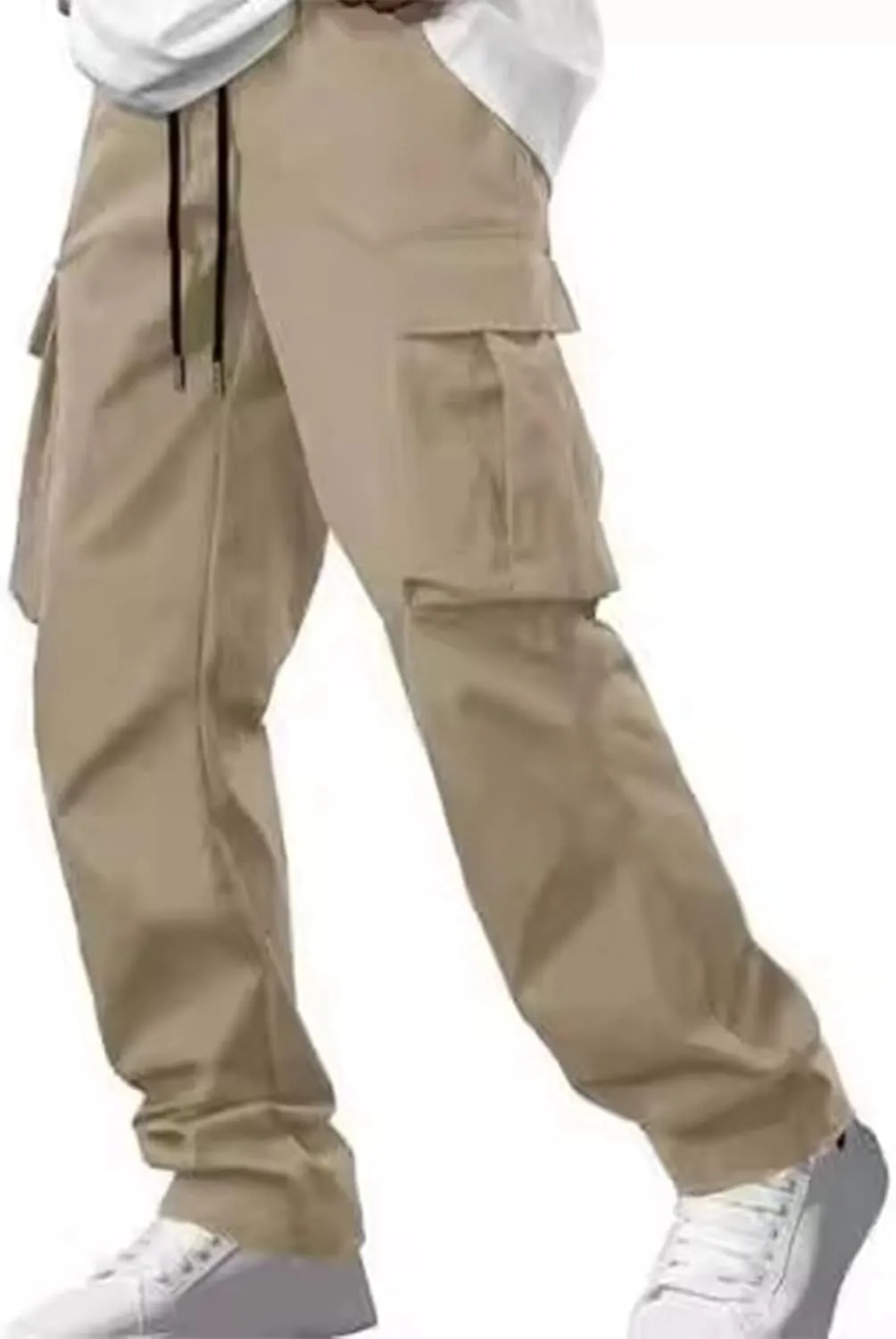 Mens Cargo Pants Work Loose Casual Leggings Solid Casual Streetwear Drawstring Elastic Waist Trousers Pockets