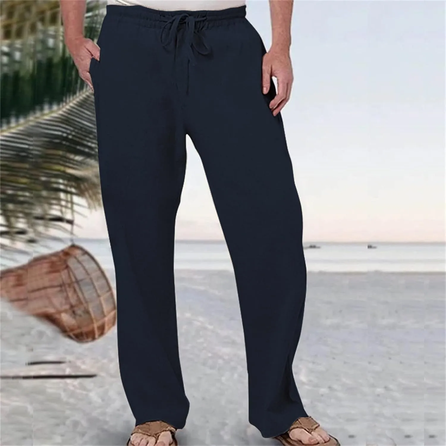 Mens Casual Linen Pants Elastic Waist Drawstring Lightweight Trouser Casual 2024 Straight Leg with Pockets Trousers