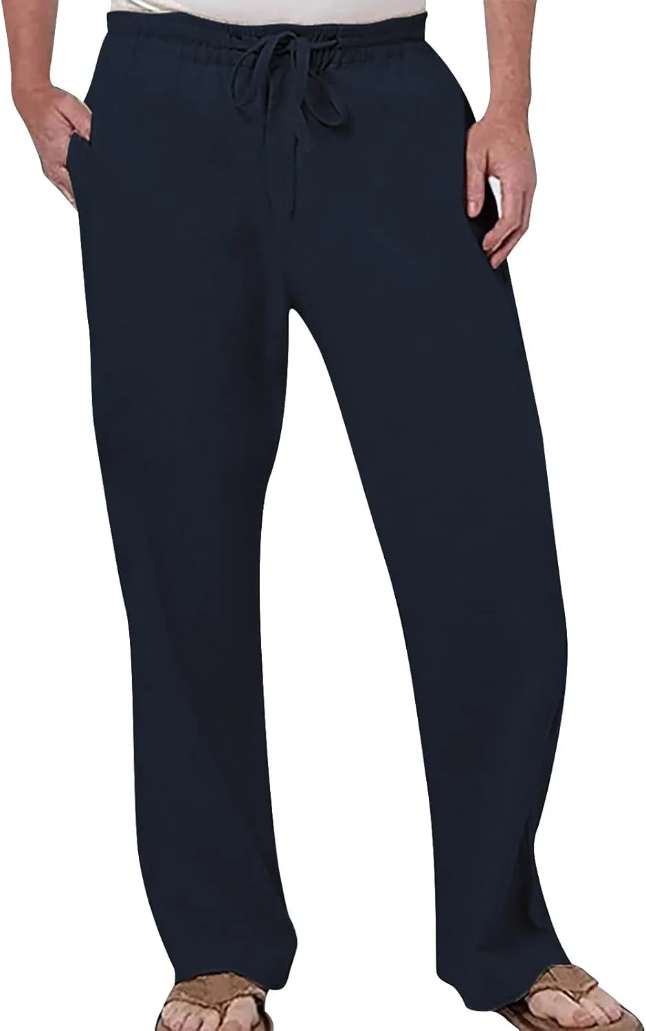 Mens Casual Linen Pants Elastic Waist Drawstring Lightweight Trouser Casual 2024 Straight Leg with Pockets Trousers