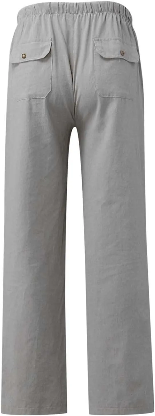 Mens Casual Linen Pants Elastic Waist Drawstring Lightweight Trouser Casual 2025 Straight Leg with Pockets Trousers