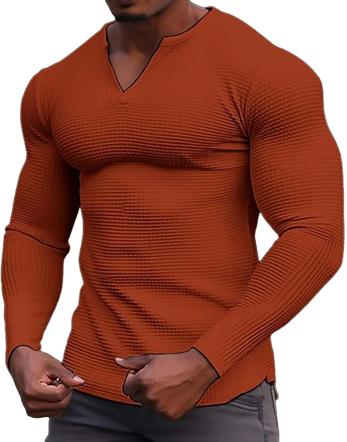 Men's Muscle Shirt Plus Size Casual Long Sleeve V Neck Waffle T Shirts Breathable Light Athletic Gym Workout Tee Top