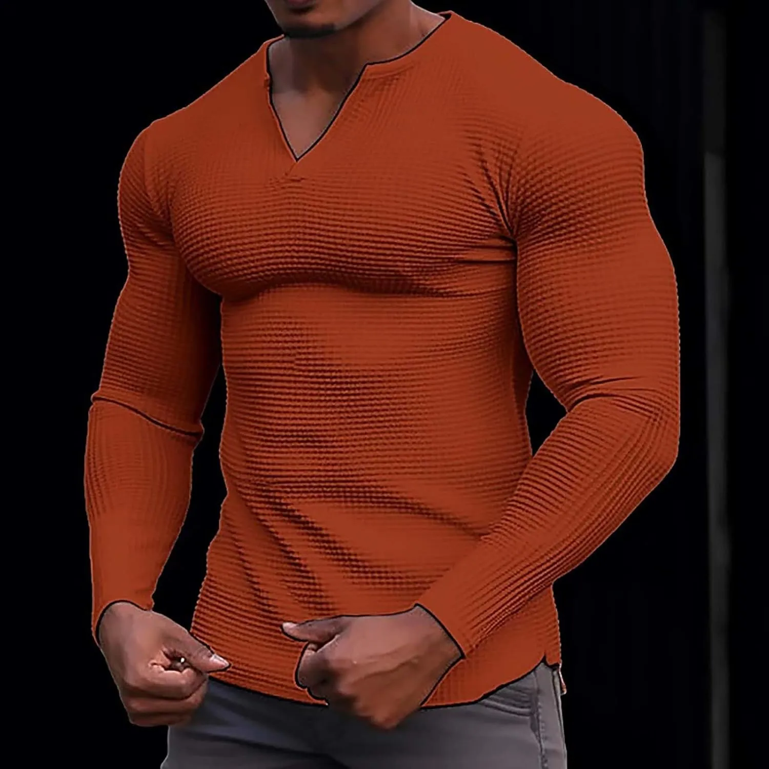 Men's Muscle Shirt Plus Size Casual Long Sleeve V Neck Waffle T Shirts Breathable Light Athletic Gym Workout Tee Top