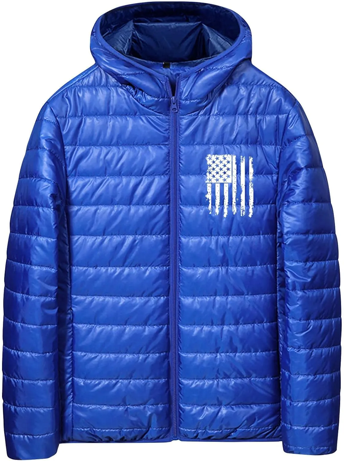 Men's Winter Jacket Light Quilted Puffer Jacket Fashion American Flag Print Jackets Water-Resistant Hooded Down Coat