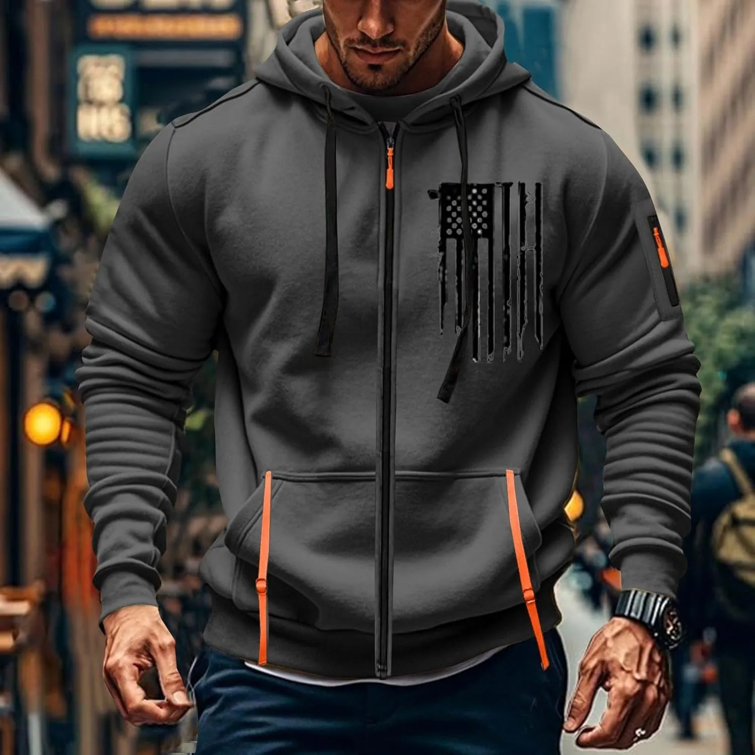 Men's Zipper USA Flag Print Hoodie Trendy Long Sleeve Drawstring Shirt Light Patriotic Sweatshirt with Pockets