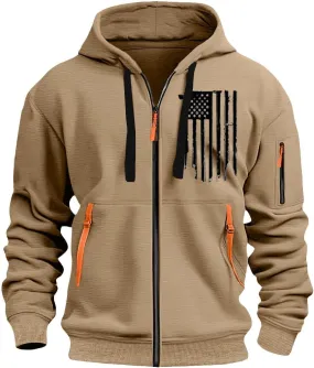 Men's Zipper USA Flag Print Hoodie Trendy Long Sleeve Drawstring Shirt Light Patriotic Sweatshirt with Pockets