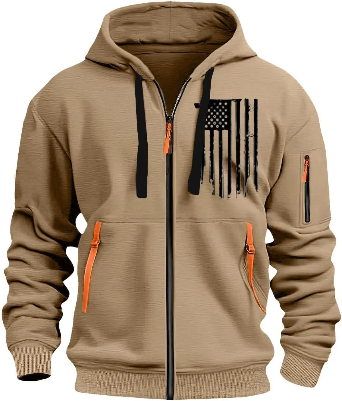 Men's Zipper USA Flag Print Hoodie Trendy Long Sleeve Drawstring Shirt Light Patriotic Sweatshirt with Pockets