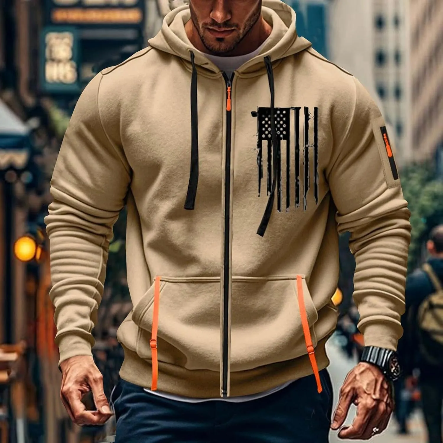 Men's Zipper USA Flag Print Hoodie Trendy Long Sleeve Drawstring Shirt Light Patriotic Sweatshirt with Pockets