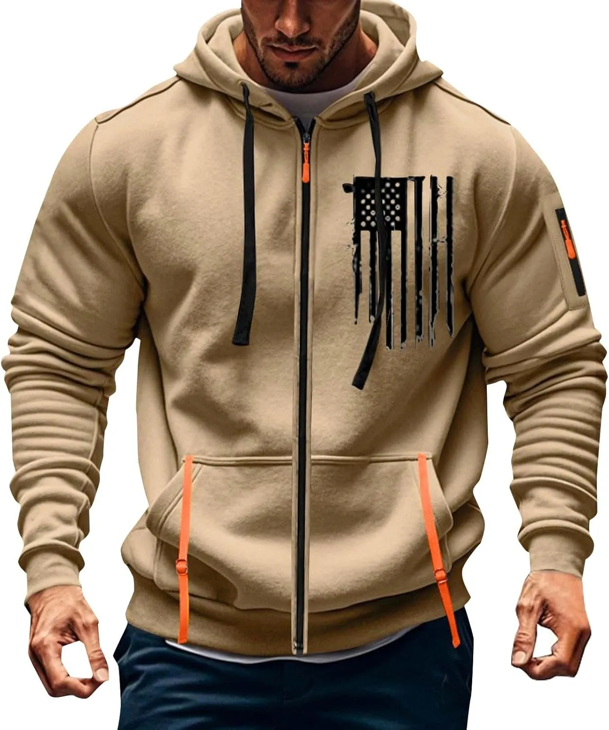 Men's Zipper USA Flag Print Hoodie Trendy Long Sleeve Drawstring Shirt Light Patriotic Sweatshirt with Pockets