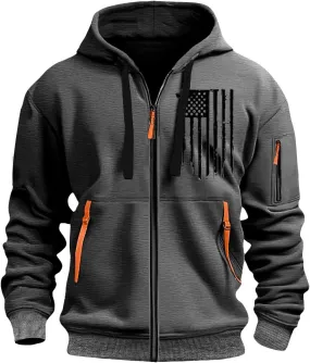 Men's Zipper USA Flag Print Hoodie Trendy Long Sleeve Drawstring Shirt Light Patriotic Sweatshirt with Pockets