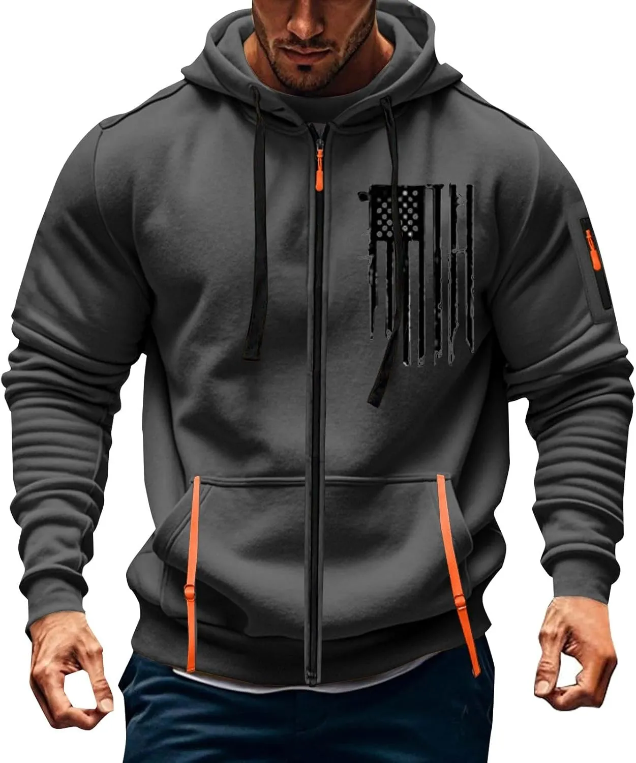 Men's Zipper USA Flag Print Hoodie Trendy Long Sleeve Drawstring Shirt Light Patriotic Sweatshirt with Pockets