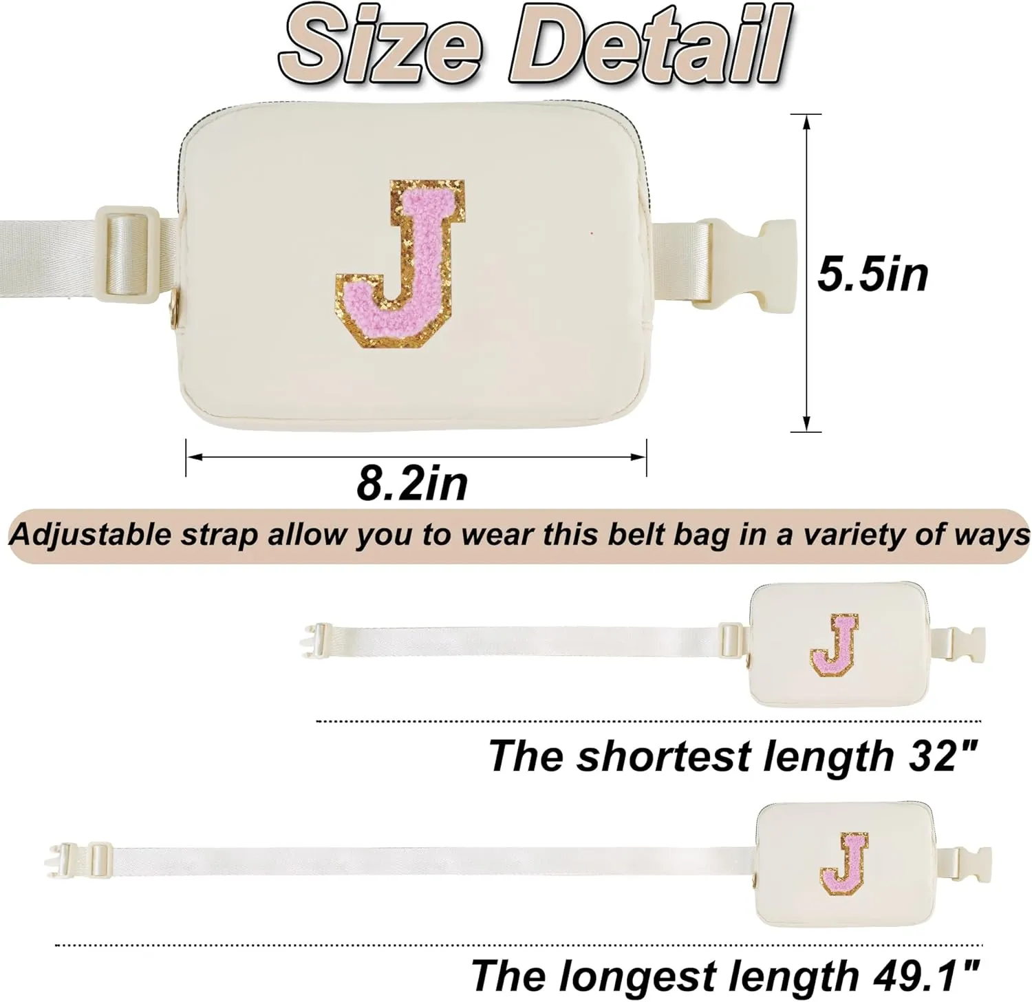 Personalized Belt Bag for Women Girls - Fashion Mini Waist Packs with Adjustable Strap - Trendy Travel Fanny Pack Crossbody Bags with Initial Letter - Teen Gifts | Cream,J
