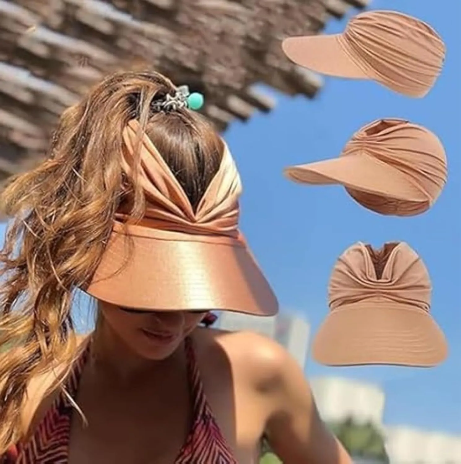 Peshoriadm Summer Women's Sun Hat, Elastic Top Ponytail Sun Beach Hats, Solid Colors Light Wide Brim Golf Visor Hat