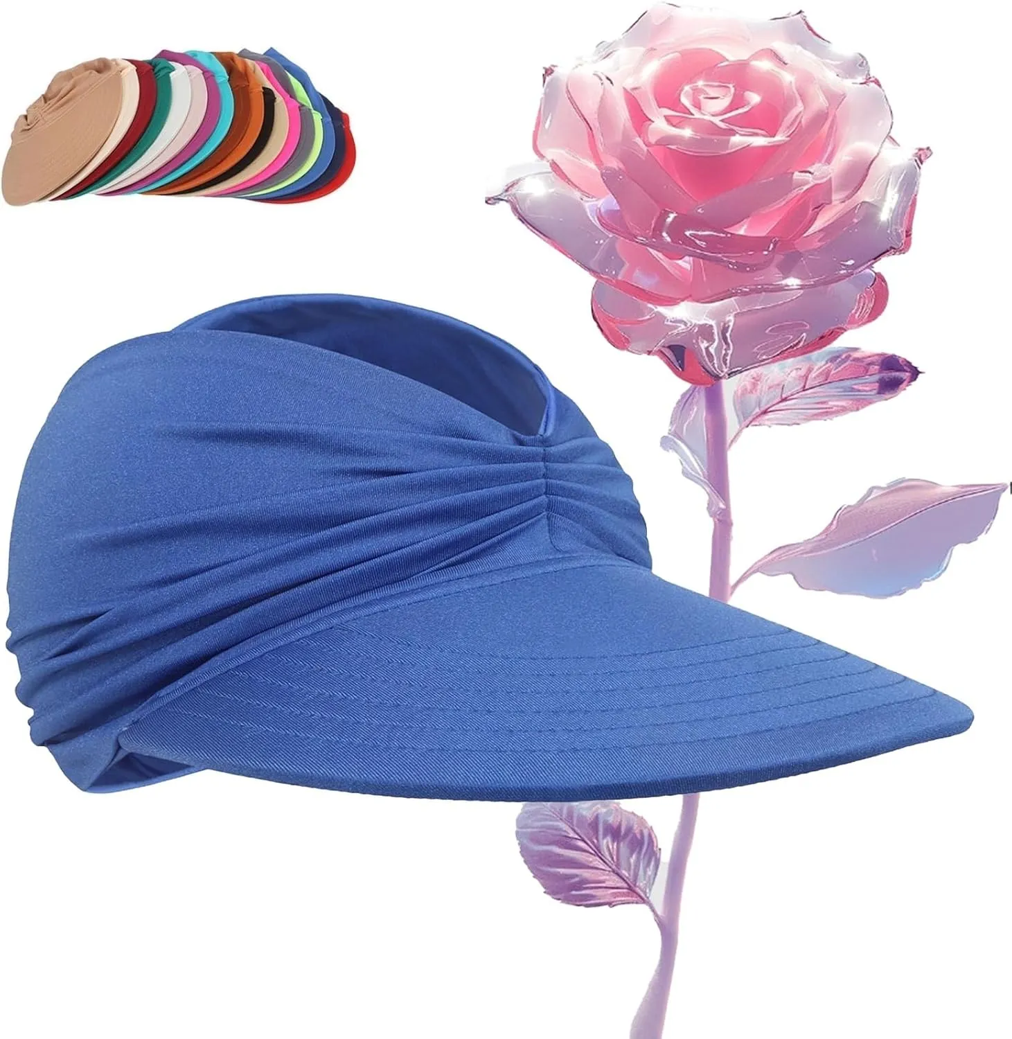 Peshoriadm Summer Women's Sun Hat, Elastic Top Ponytail Sun Beach Hats, Solid Colors Light Wide Brim Golf Visor Hat