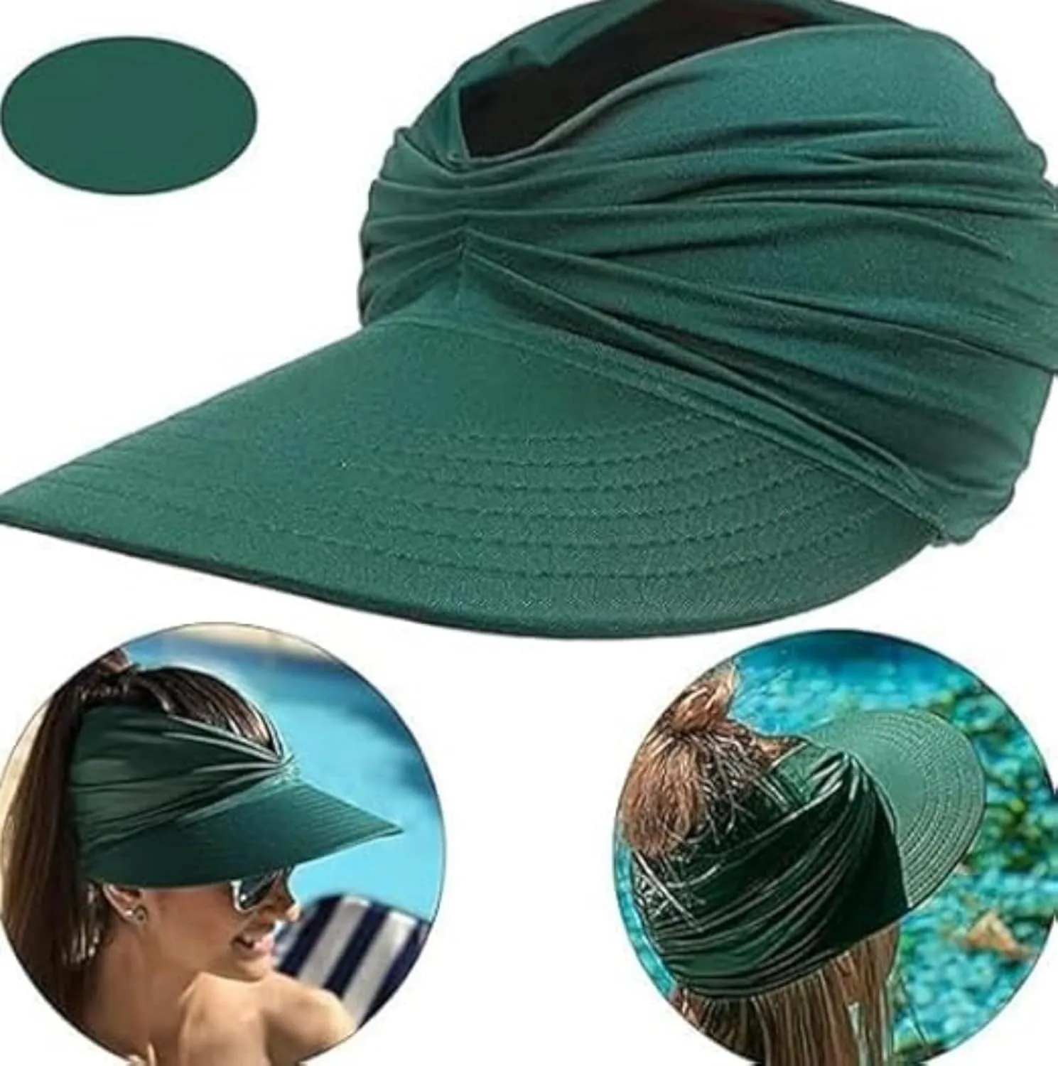 Peshoriadm Summer Women's Sun Hat, Elastic Top Ponytail Sun Beach Hats, Solid Colors Light Wide Brim Golf Visor Hat