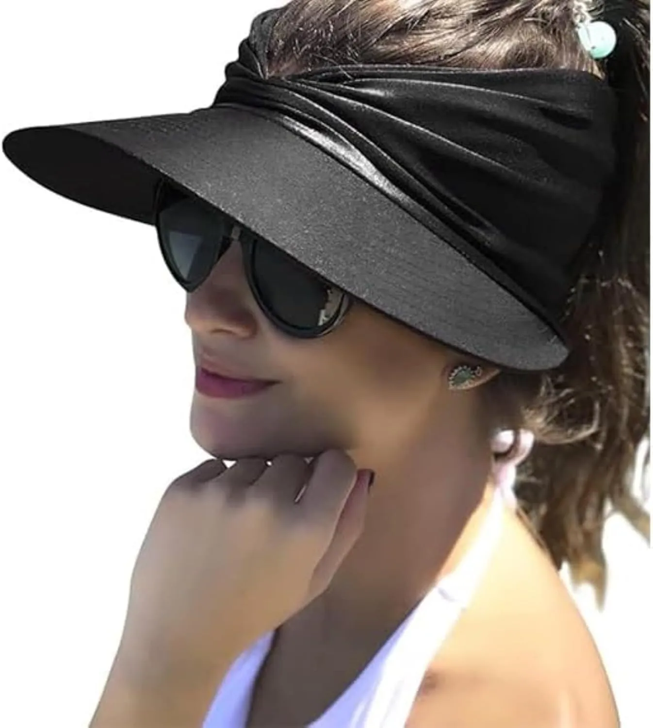 Peshoriadm Summer Women's Sun Hat, Elastic Top Ponytail Sun Beach Hats, Solid Colors Light Wide Brim Golf Visor Hat