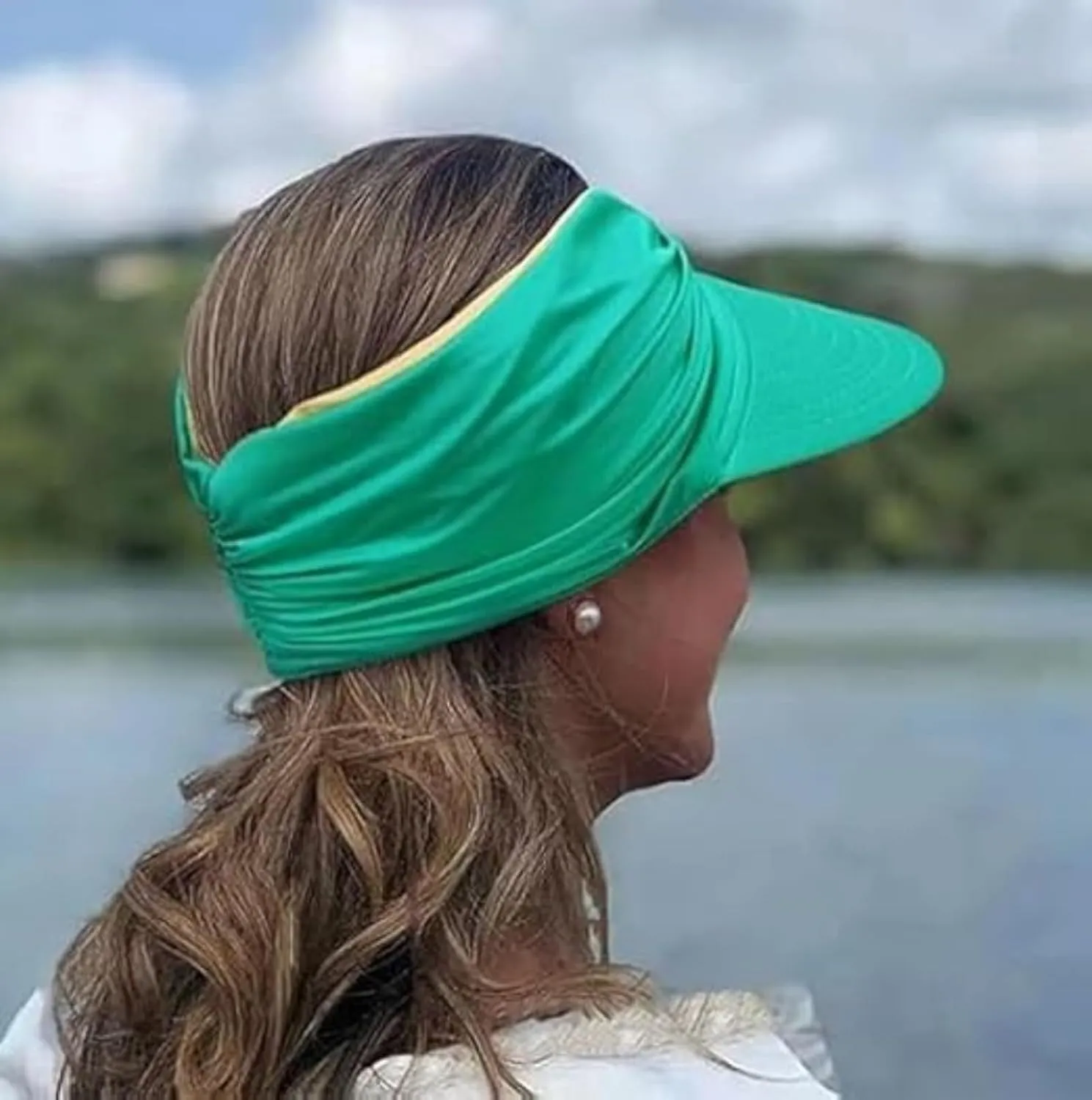 Peshoriadm Summer Women's Sun Hat, Elastic Top Ponytail Sun Beach Hats, Solid Colors Light Wide Brim Golf Visor Hat