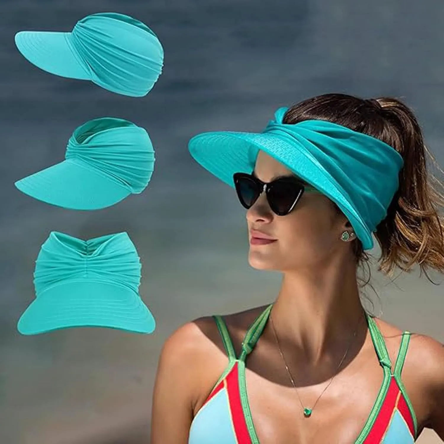 Peshoriadm Sun Hats, 2025 New Wide Brim Breathable Empty Elastic Top Ponytail Sun Beach Hats for Women