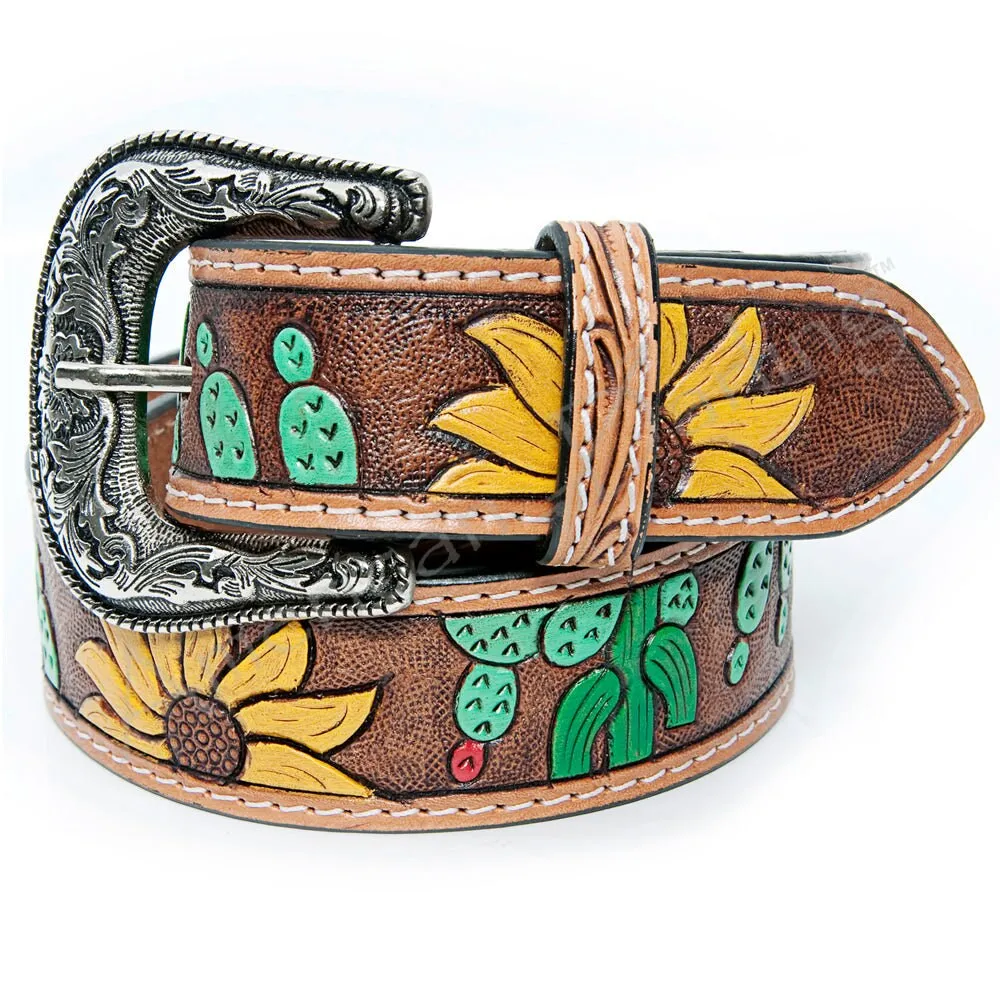 Prickly Sunflower Hand Tooled Leather Belt