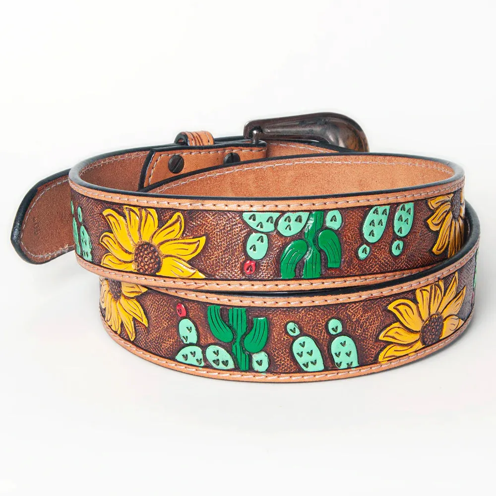 Prickly Sunflower Hand Tooled Leather Belt
