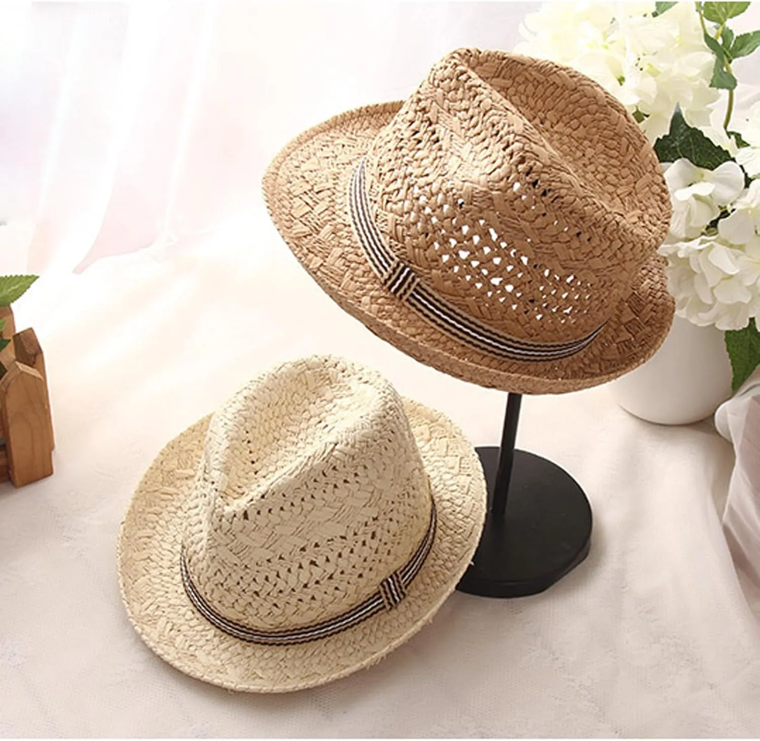 PURFUN Kids Short Brim Fedora Hat Girls Boys Jazz Trilby Hat Anti-UV UPF 50 Travel Beach Panama Hat Straw Hats for 2-6 Yrs