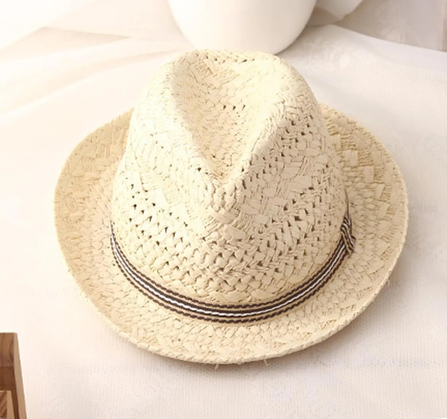 PURFUN Kids Short Brim Fedora Hat Girls Boys Jazz Trilby Hat Anti-UV UPF 50 Travel Beach Panama Hat Straw Hats for 2-6 Yrs