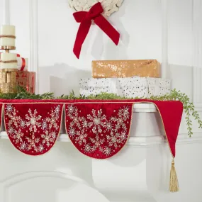 Red Velvet Mantel Scarf with Hand Beading and Crewel Embroidery - 72"