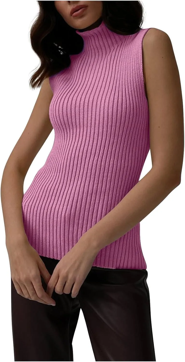 Ribbed Knit Tank Top for Women Turtleneck Sleeveless Sweater Blouse Solid Color Tunic Summer Trendy Shirt