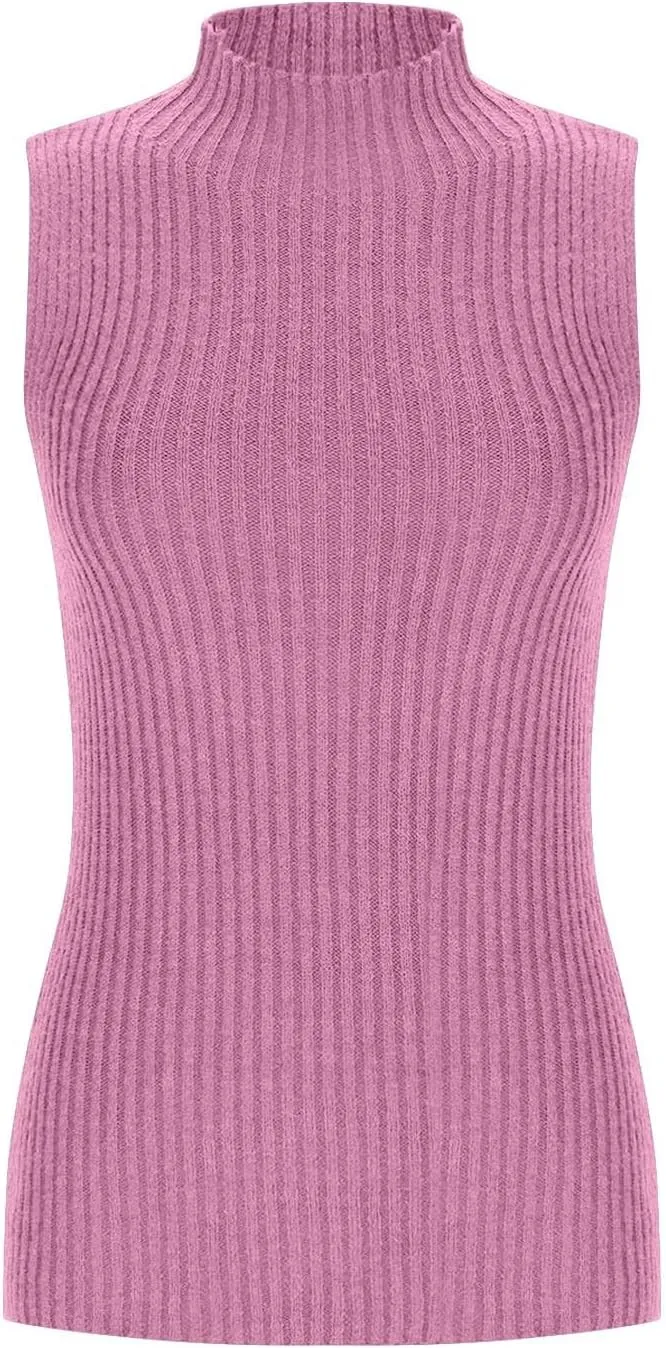 Ribbed Knit Tank Top for Women Turtleneck Sleeveless Sweater Blouse Solid Color Tunic Summer Trendy Shirt
