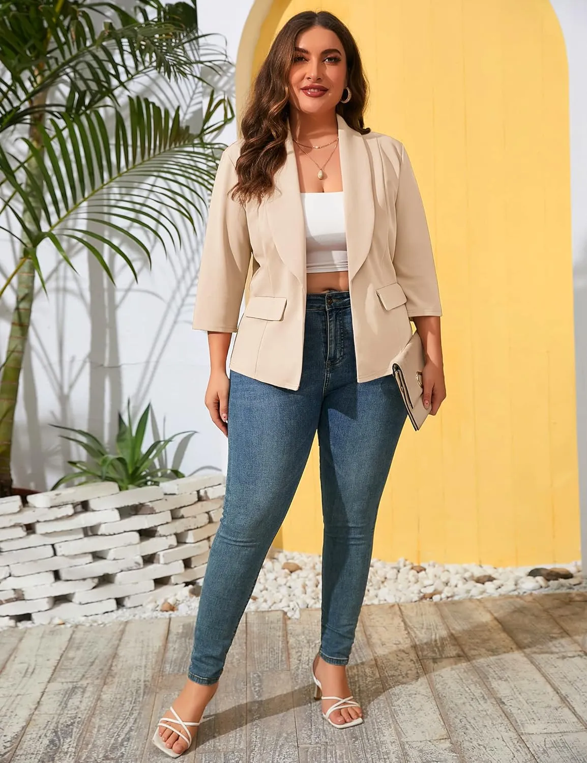 ShopWonder Womens Plus Size Casual Pocketed Blazer Office Open Front 3/4 Sleeve Cardigans Jacket Work Suit