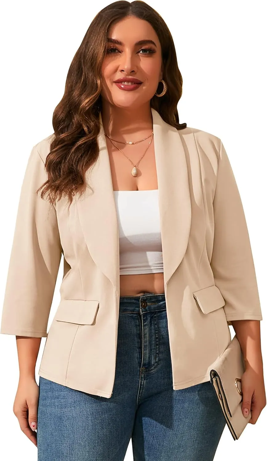 ShopWonder Womens Plus Size Casual Pocketed Blazer Office Open Front 3/4 Sleeve Cardigans Jacket Work Suit