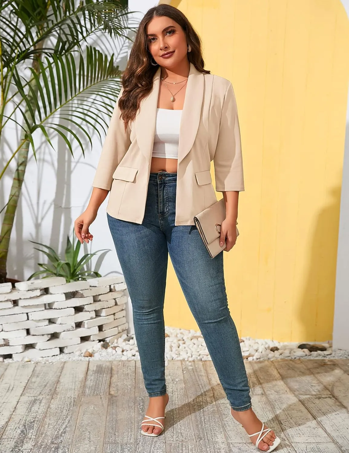 ShopWonder Womens Plus Size Casual Pocketed Blazer Office Open Front 3/4 Sleeve Cardigans Jacket Work Suit