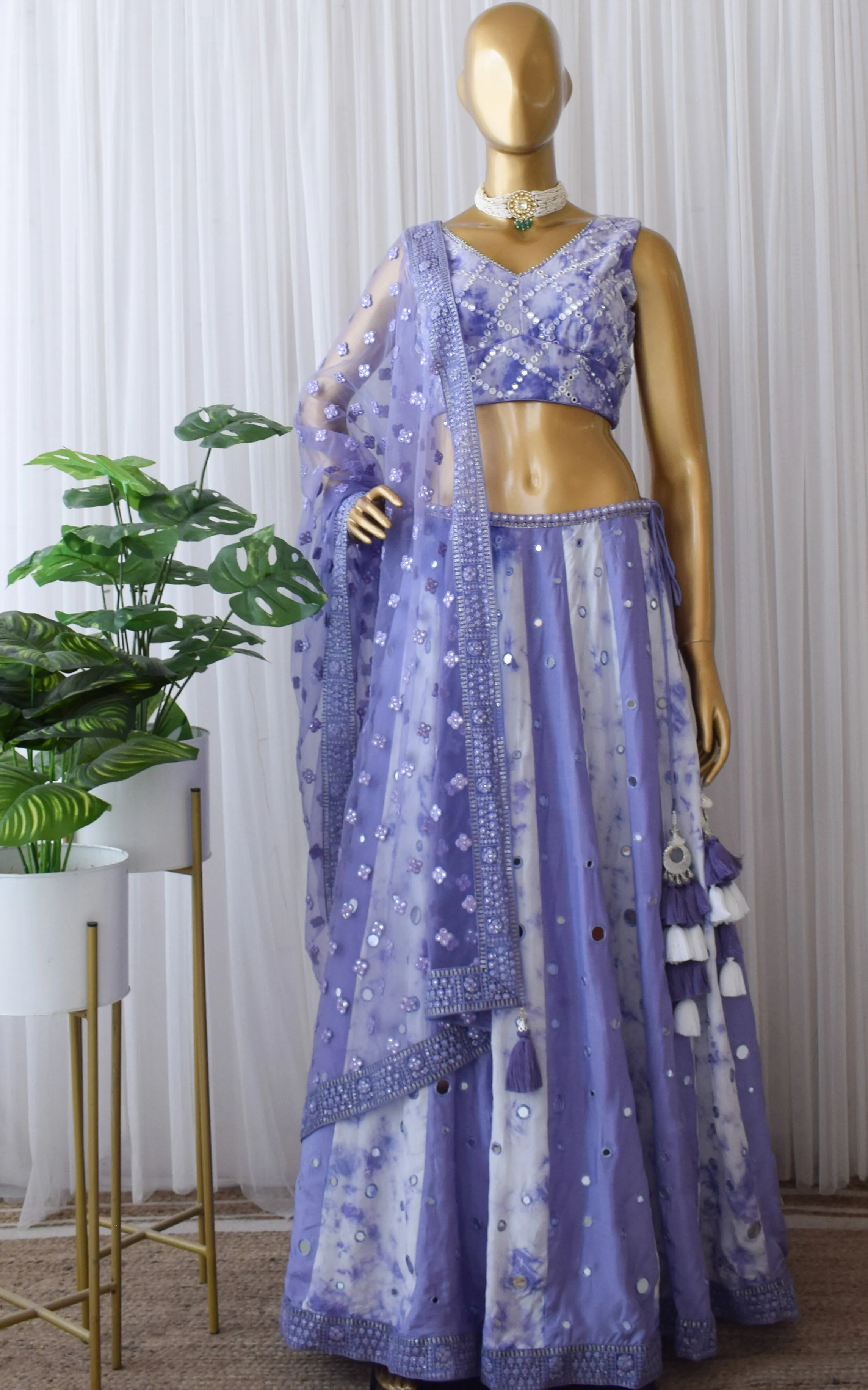 Srishti Dhani Lilac Mirrorwork Shibori Lehenga
