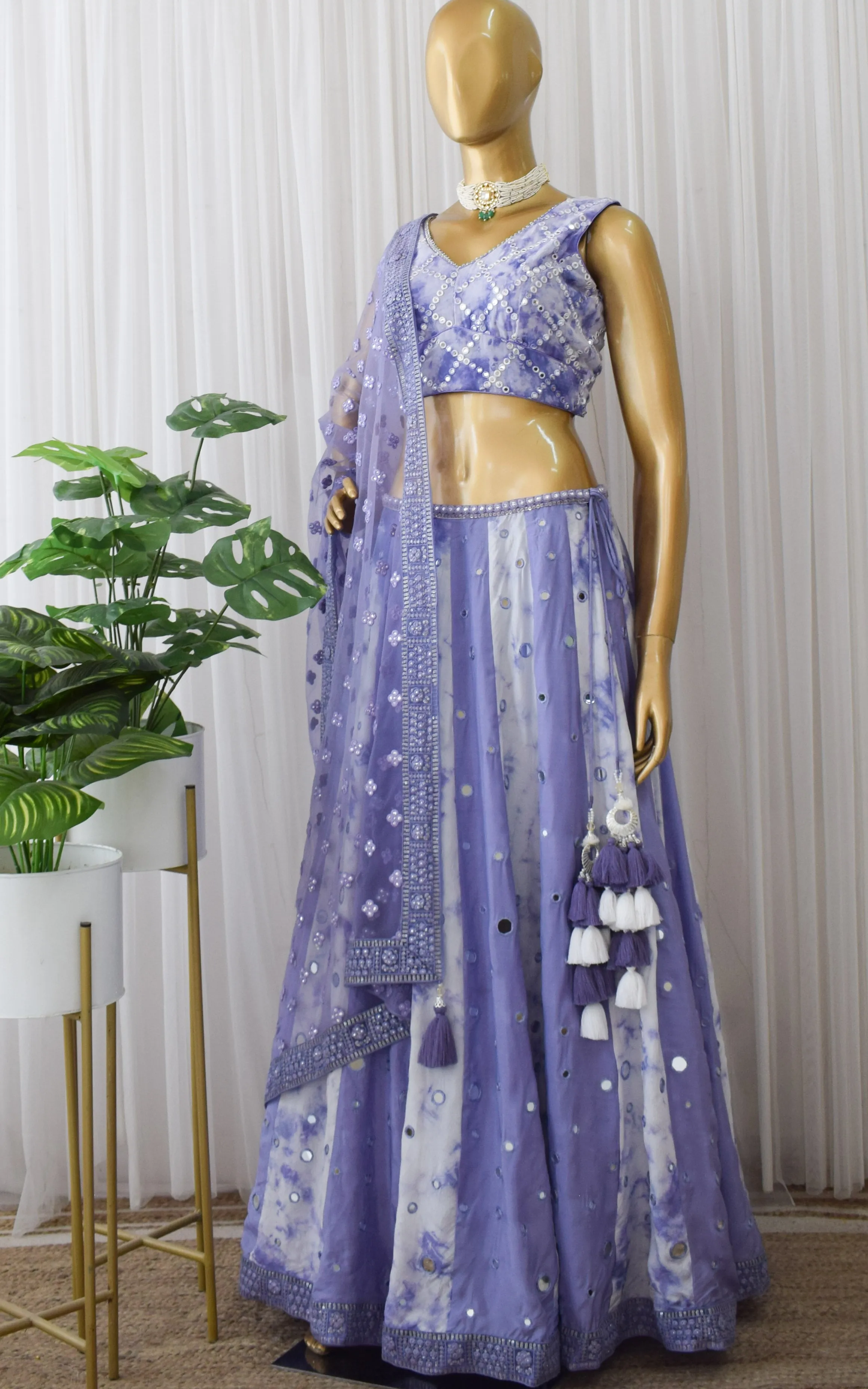 Srishti Dhani Lilac Mirrorwork Shibori Lehenga
