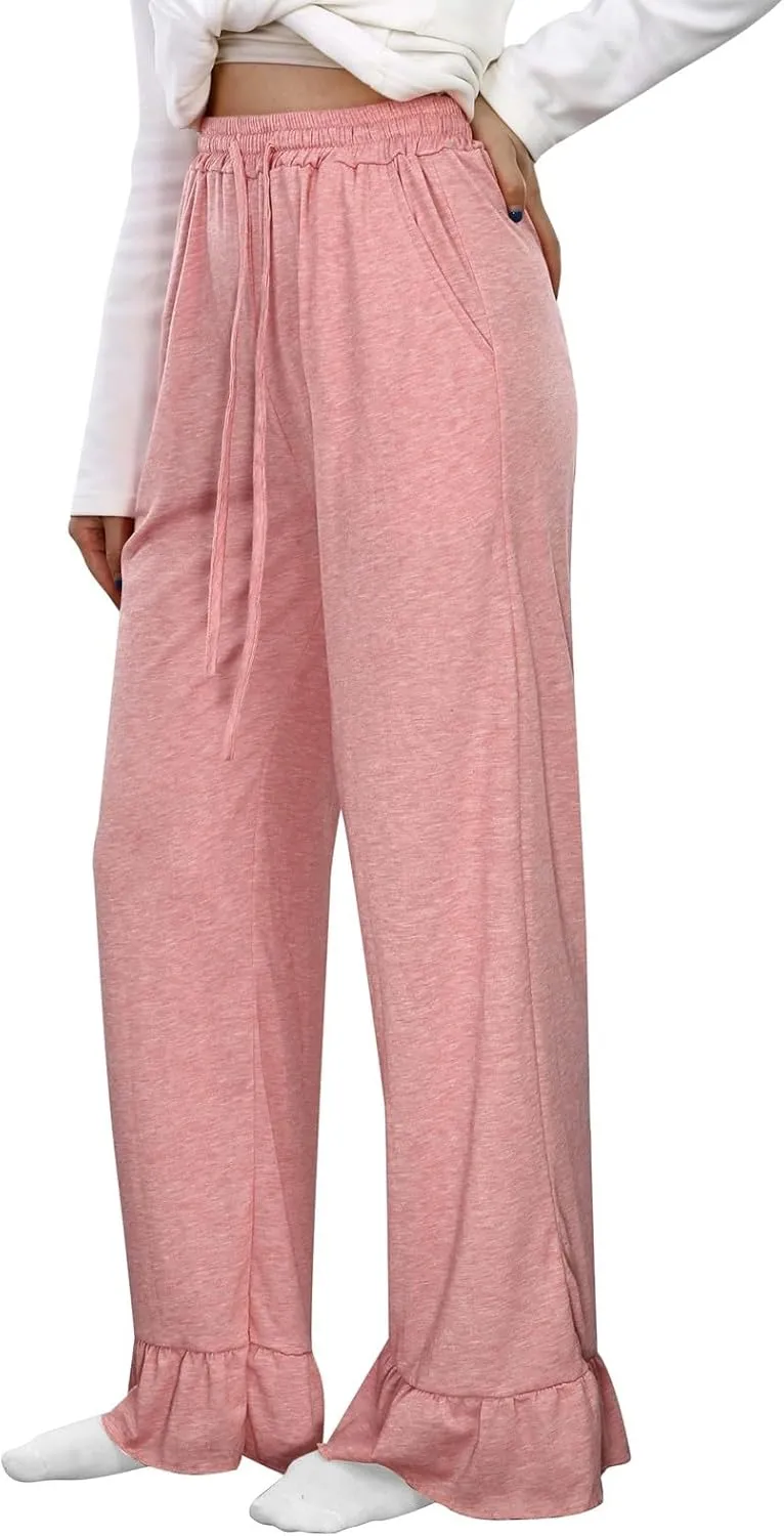 Straight Leg Pants Women Casual Mid Waist Outfits Trousers with Pockets Casual Elastic Drawstring Wide Leg Pants