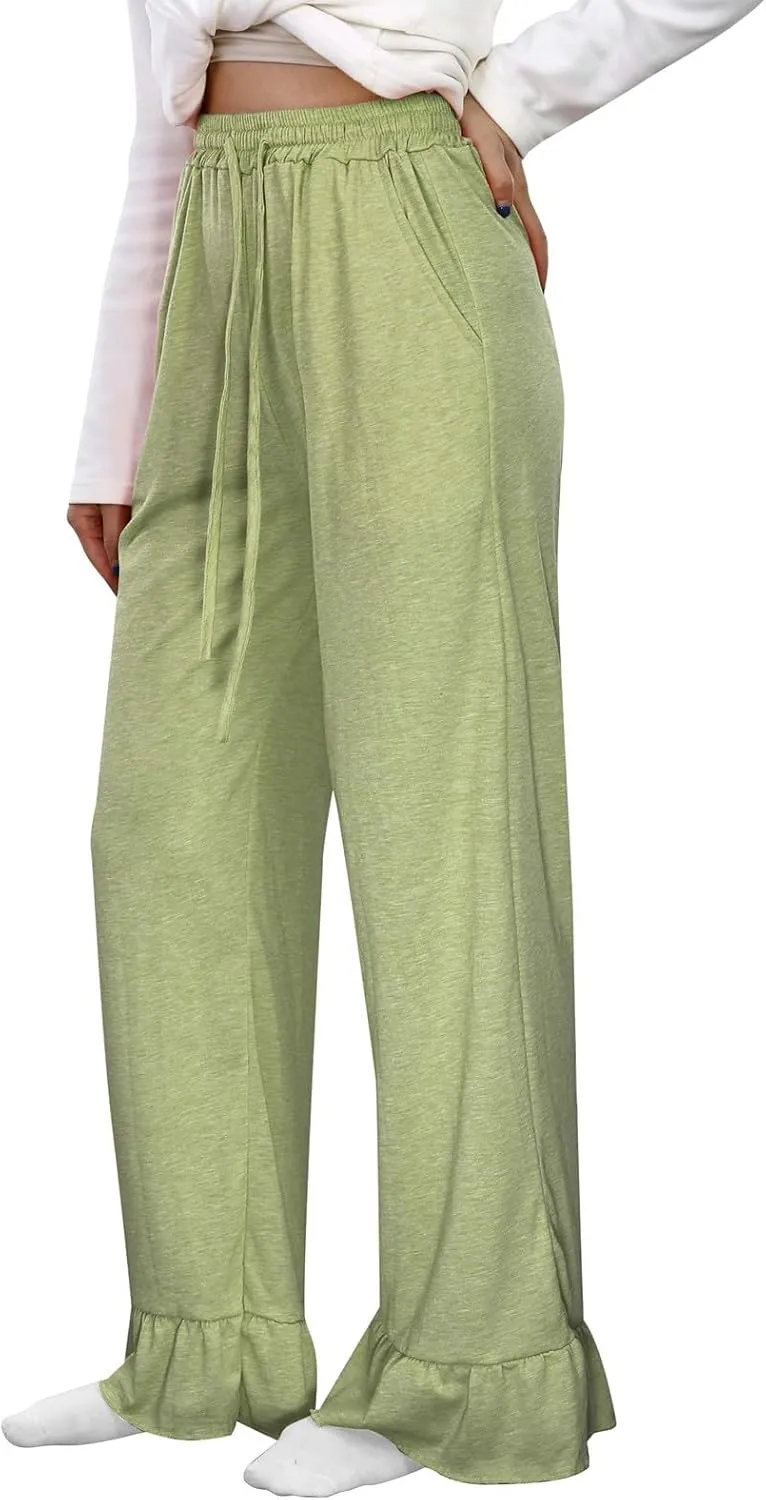 Straight Leg Pants Women Casual Mid Waist Outfits Trousers with Pockets Casual Elastic Drawstring Wide Leg Pants