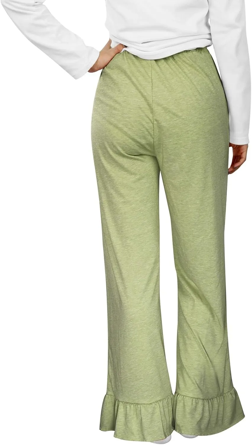 Straight Leg Pants Women Casual Mid Waist Outfits Trousers with Pockets Casual Elastic Drawstring Wide Leg Pants