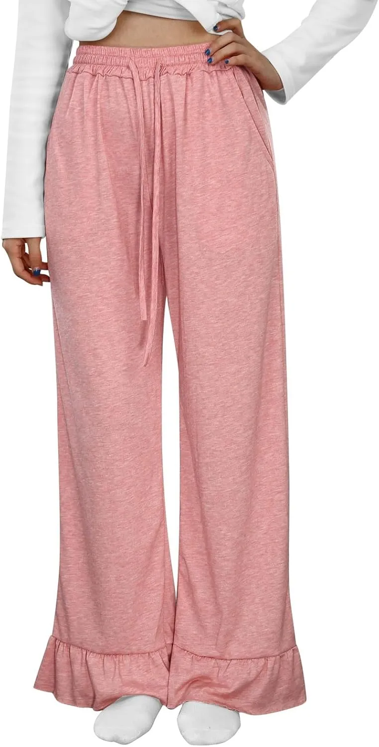 Straight Leg Pants Women Casual Mid Waist Outfits Trousers with Pockets Casual Elastic Drawstring Wide Leg Pants