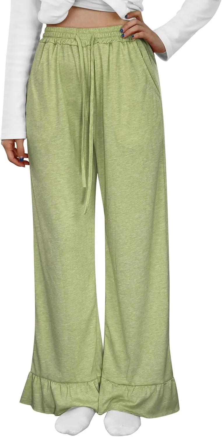 Straight Leg Pants Women Casual Mid Waist Outfits Trousers with Pockets Casual Elastic Drawstring Wide Leg Pants