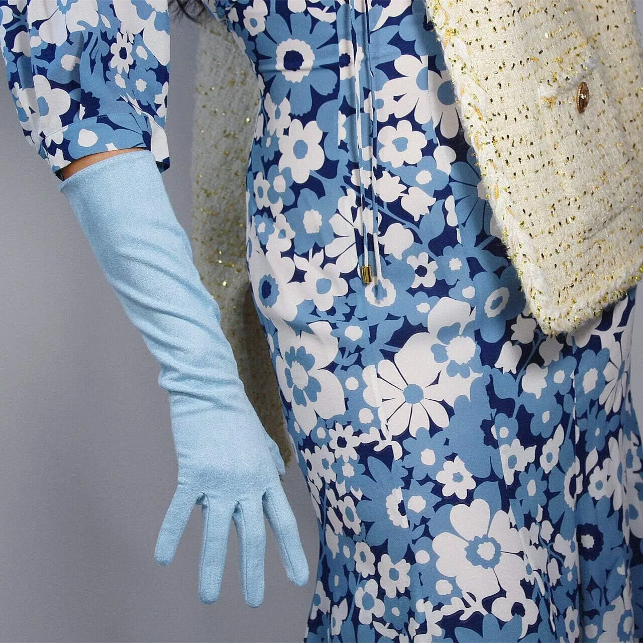 Suede Gloves Faux Leather 28" 70cm Opera Evening Extra Long Light Baby Blue