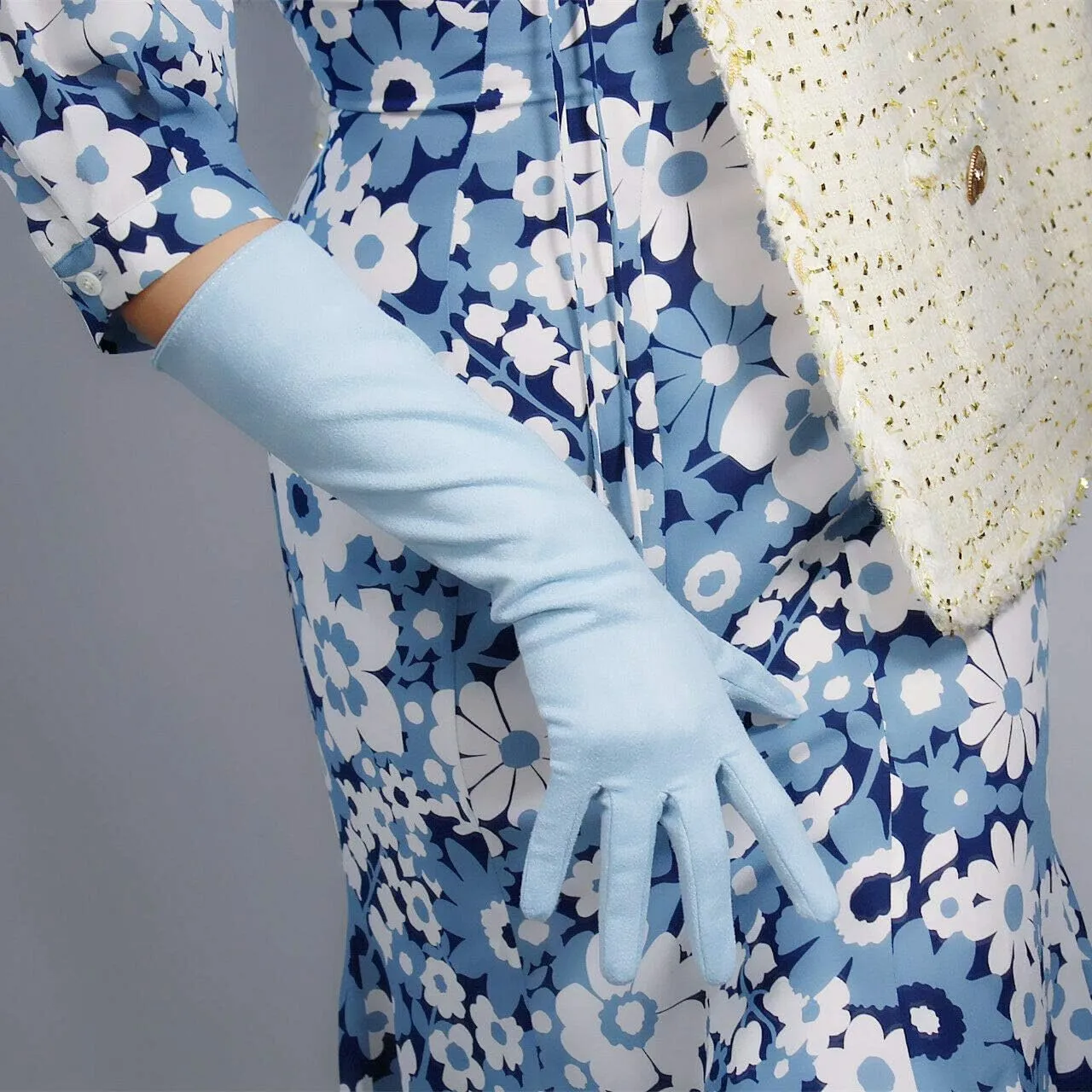 Suede Gloves Faux Leather 28" 70cm Opera Evening Extra Long Light Baby Blue